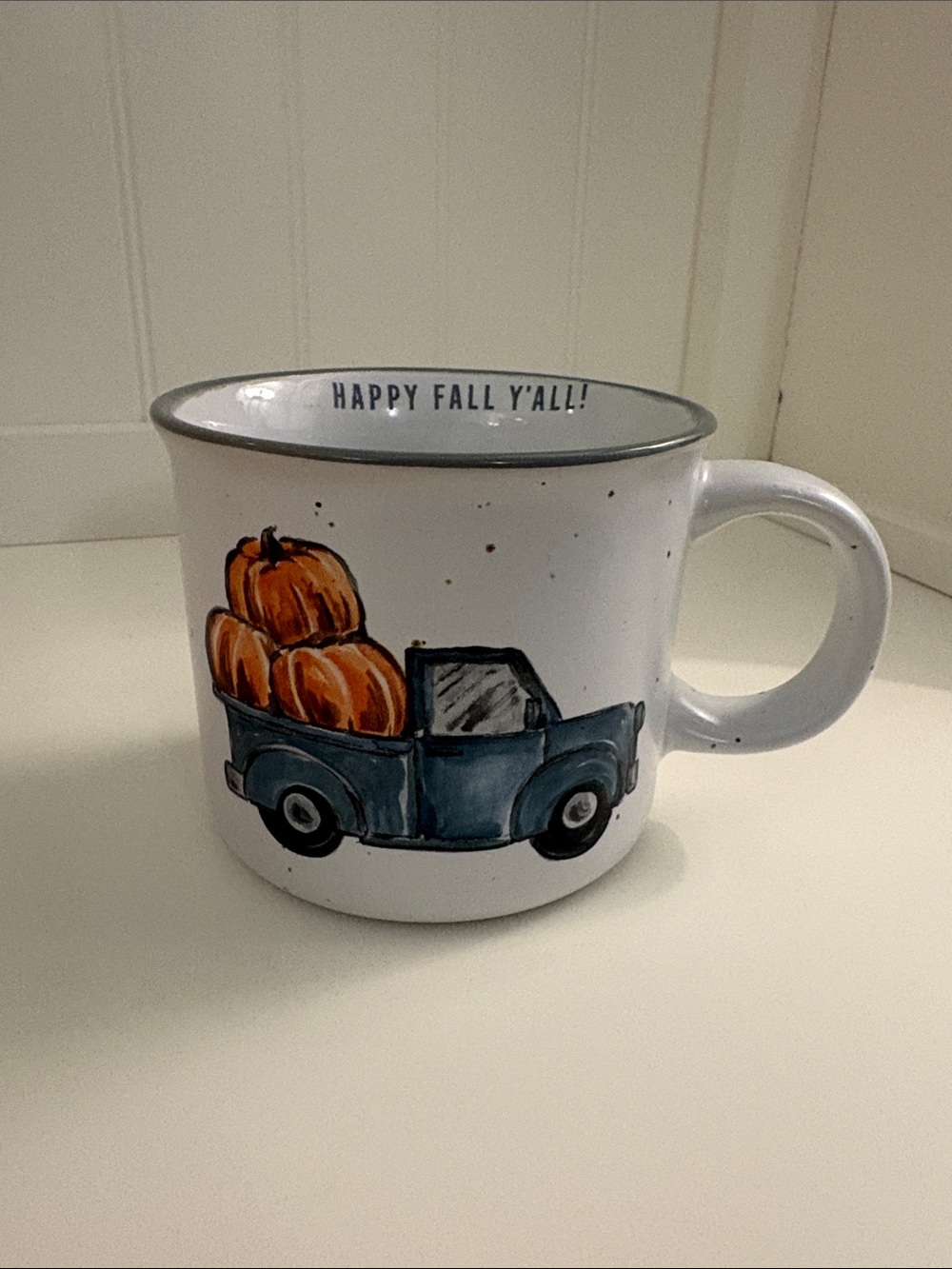 Sheffield Home White Mug with Blue Truck and Orange Pumpkins
